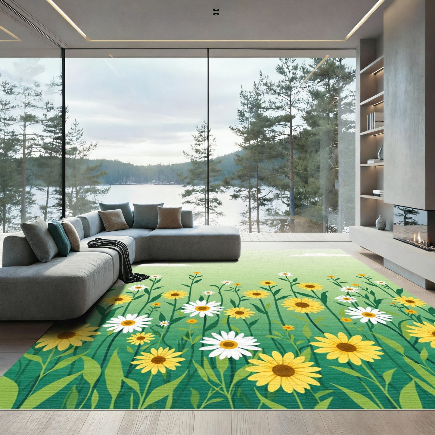 Vibrant Yellow White Floral Meadow Rug