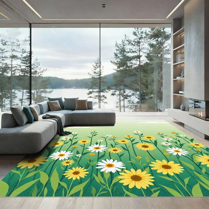 Vibrant Yellow White Floral Meadow Rug