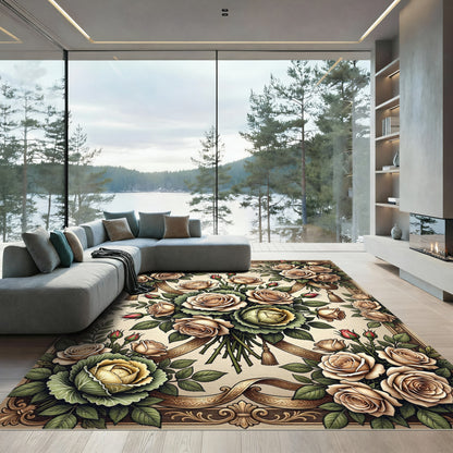 Cream Rose Bouquet Floral Arrangement Rug