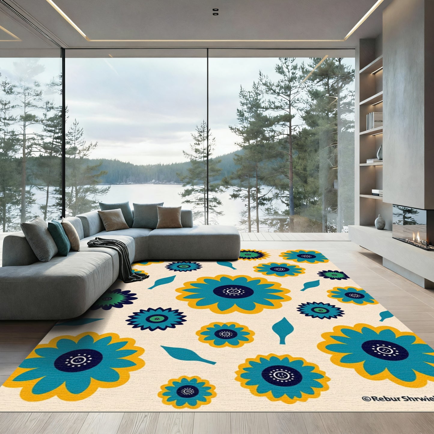 Teal Yellow Flower Bloom Garland Rug