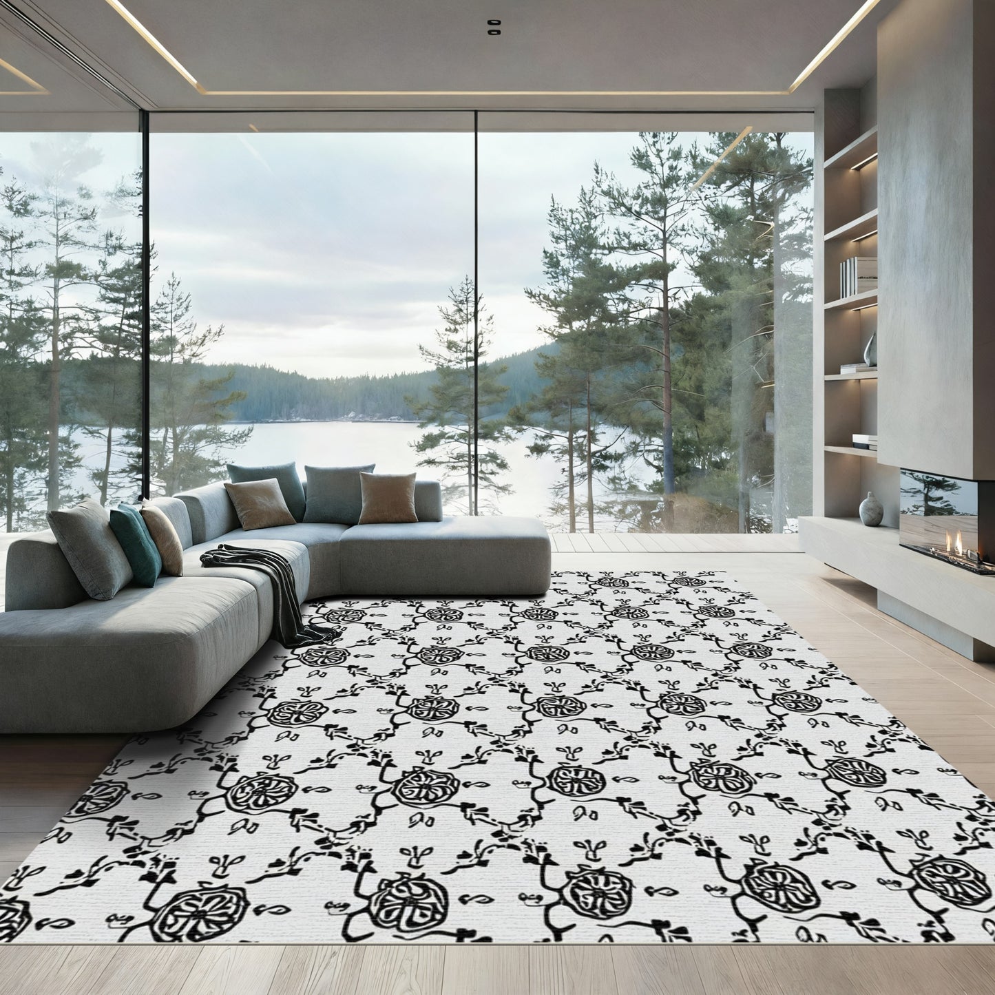 Monochromatic Sketch Floral Vine Rug