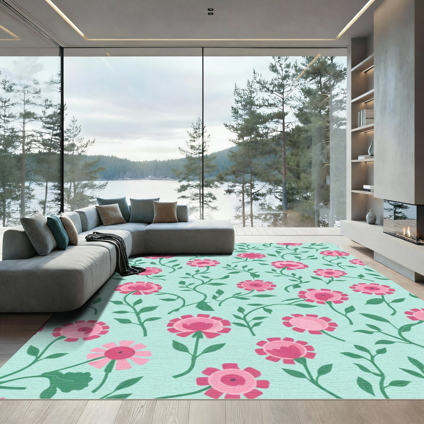 Pink Floral Vine Mint Green Rug