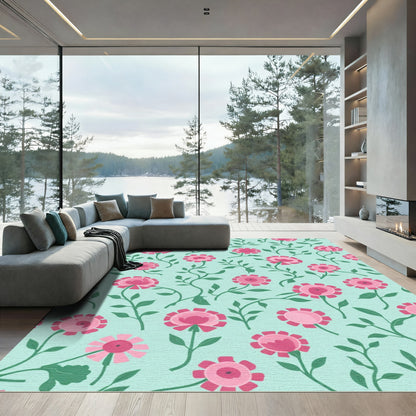 Pink Floral Vine Mint Green Rug