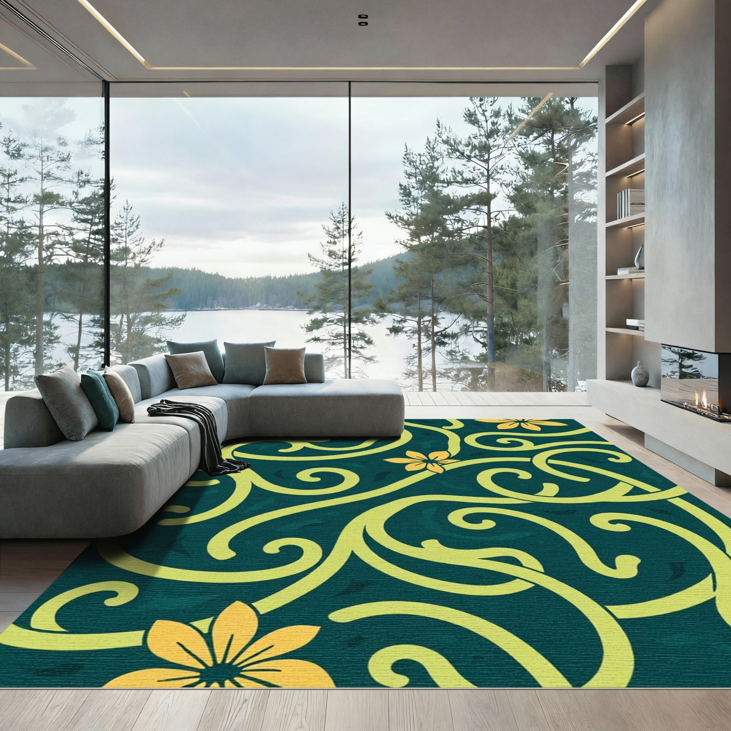Emerald Green Floral Swirl Rug