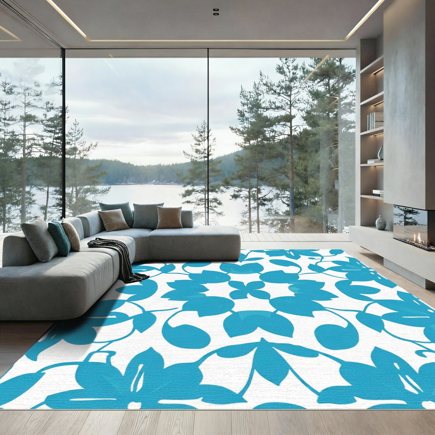 Azure Blue Floral Swirl Medallion Rug