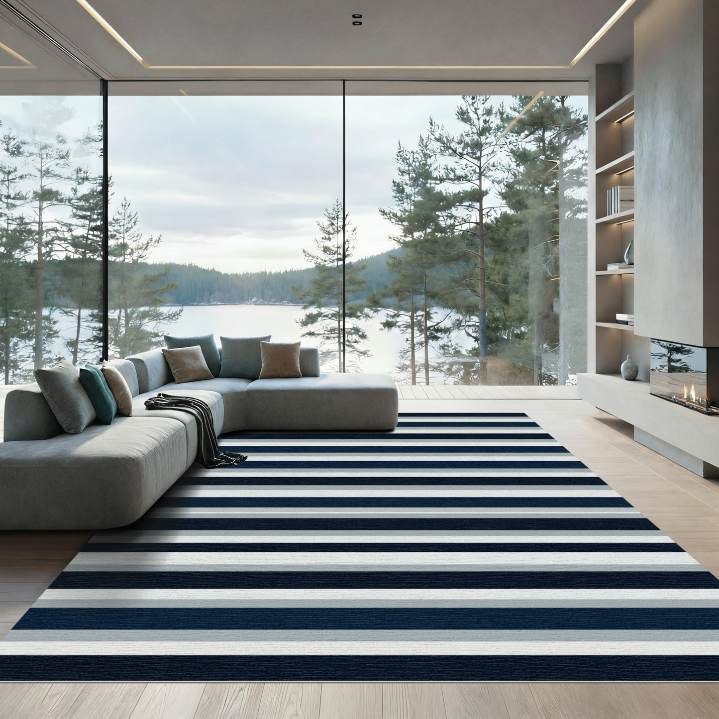 Modern Navy Silver Striped Area Rug