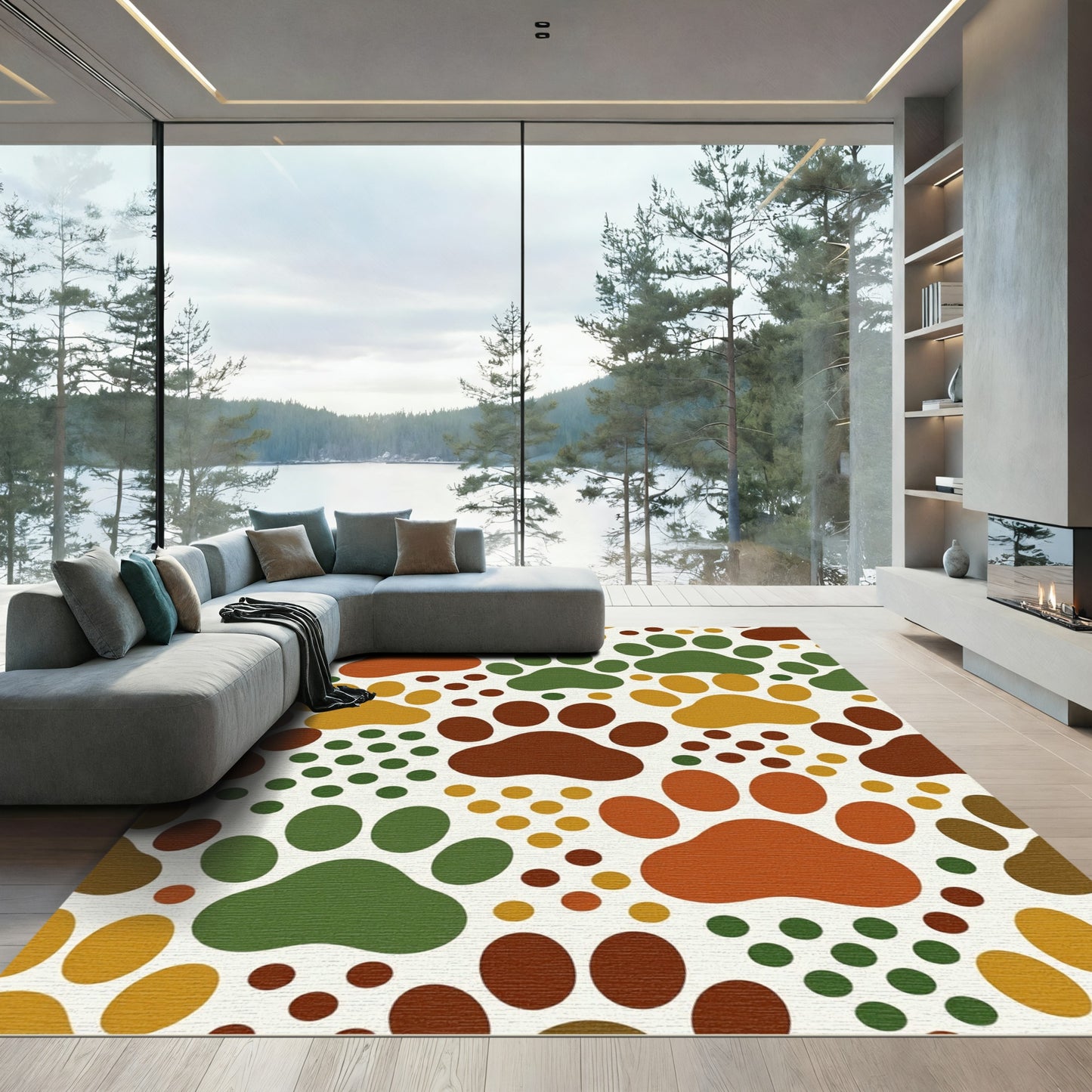 Playful Earthy Tone Paw Footprint Rug