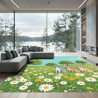 Spring Meadow Bunnies Daisy Field Rug