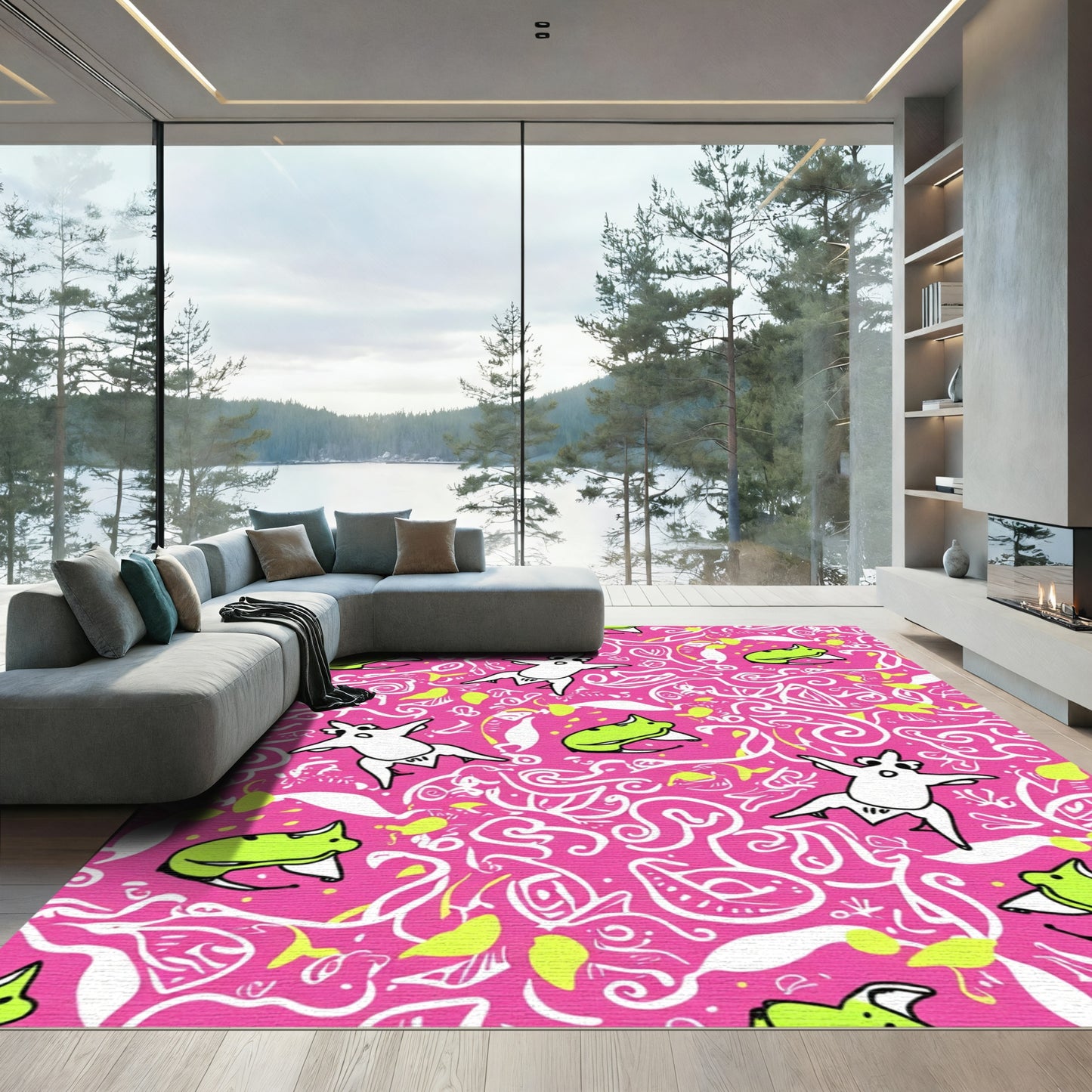 Whimsical White Dog Pink Swirls Rug