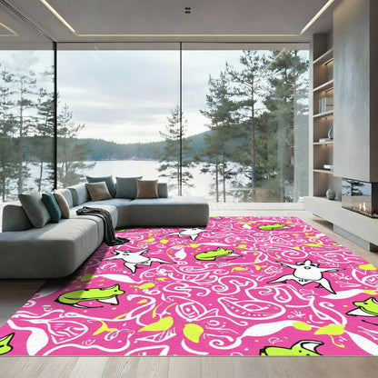 Whimsical White Dog Pink Swirls Rug