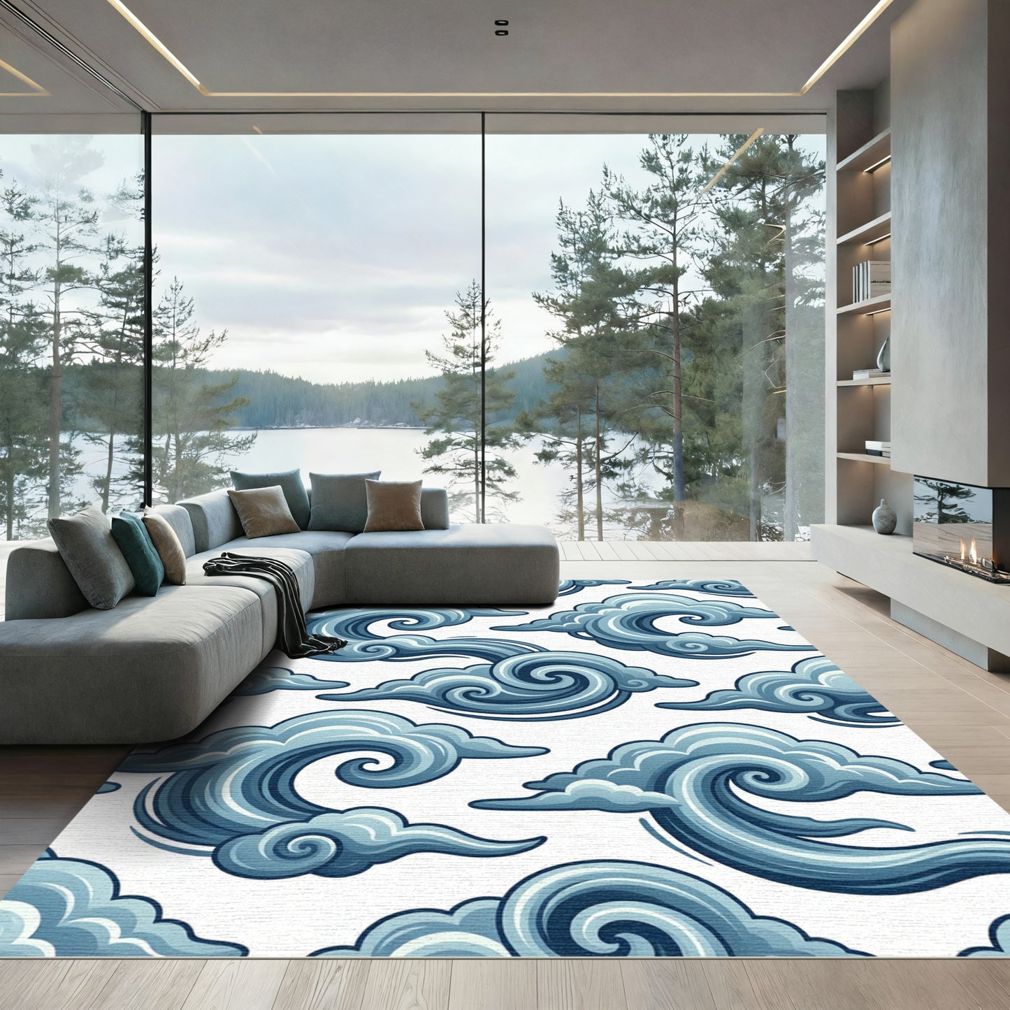 Serene Azure Cloud Swirl Art Rug