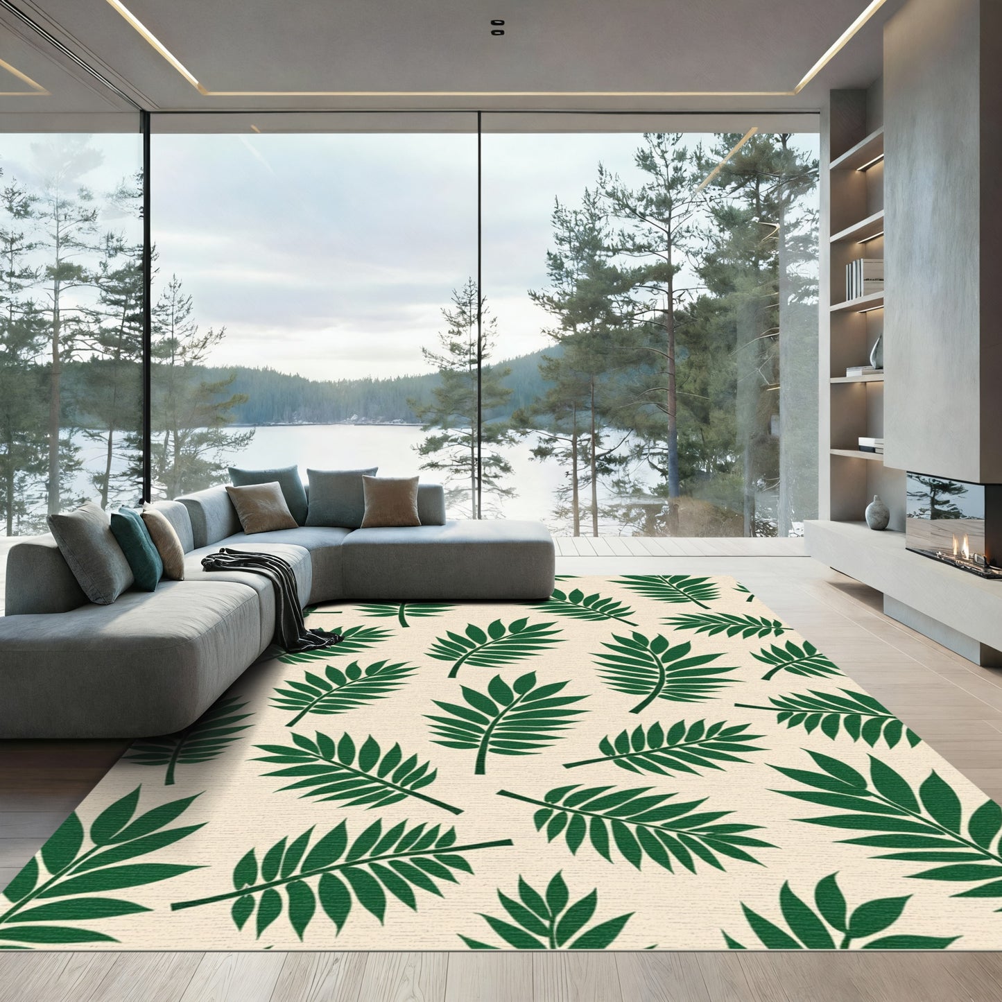Green Frond Pattern Cream Background Rug