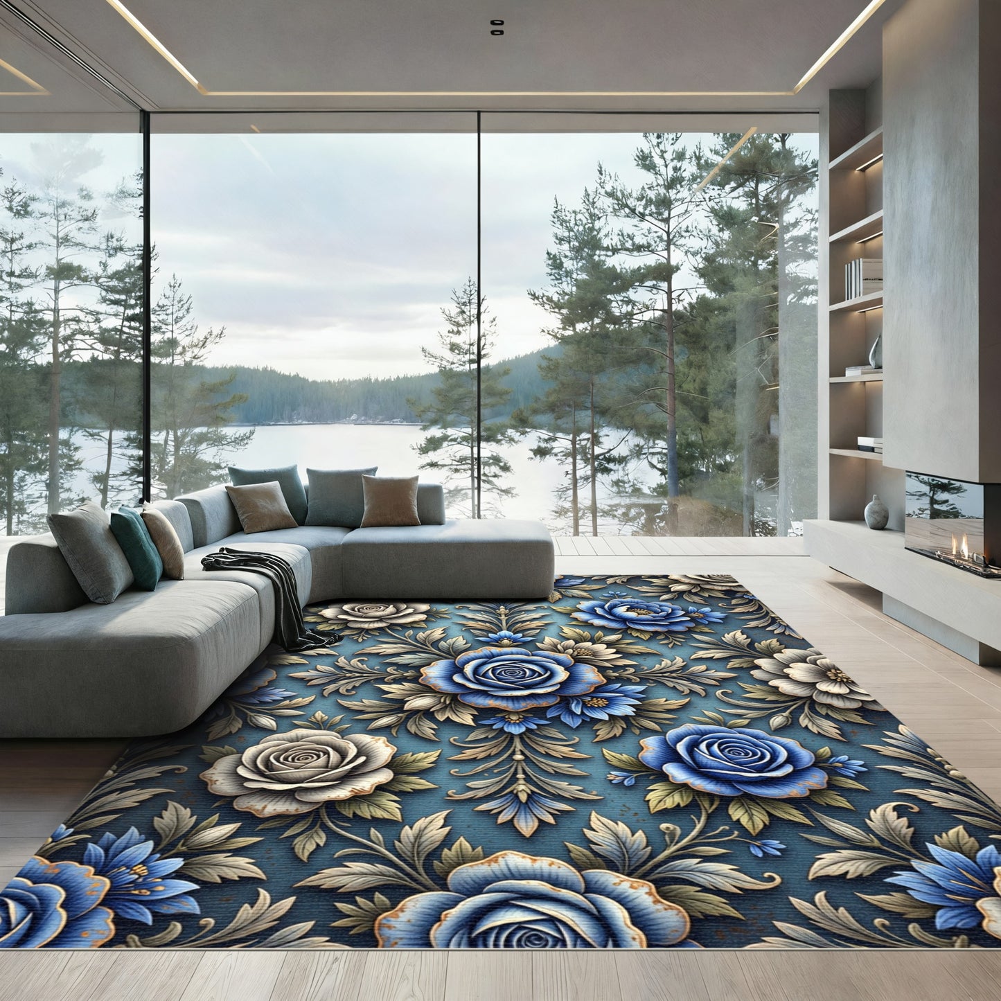 Elegant Blue Rose Damask Floral Rug