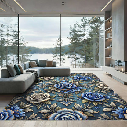 Elegant Blue Rose Damask Floral Rug