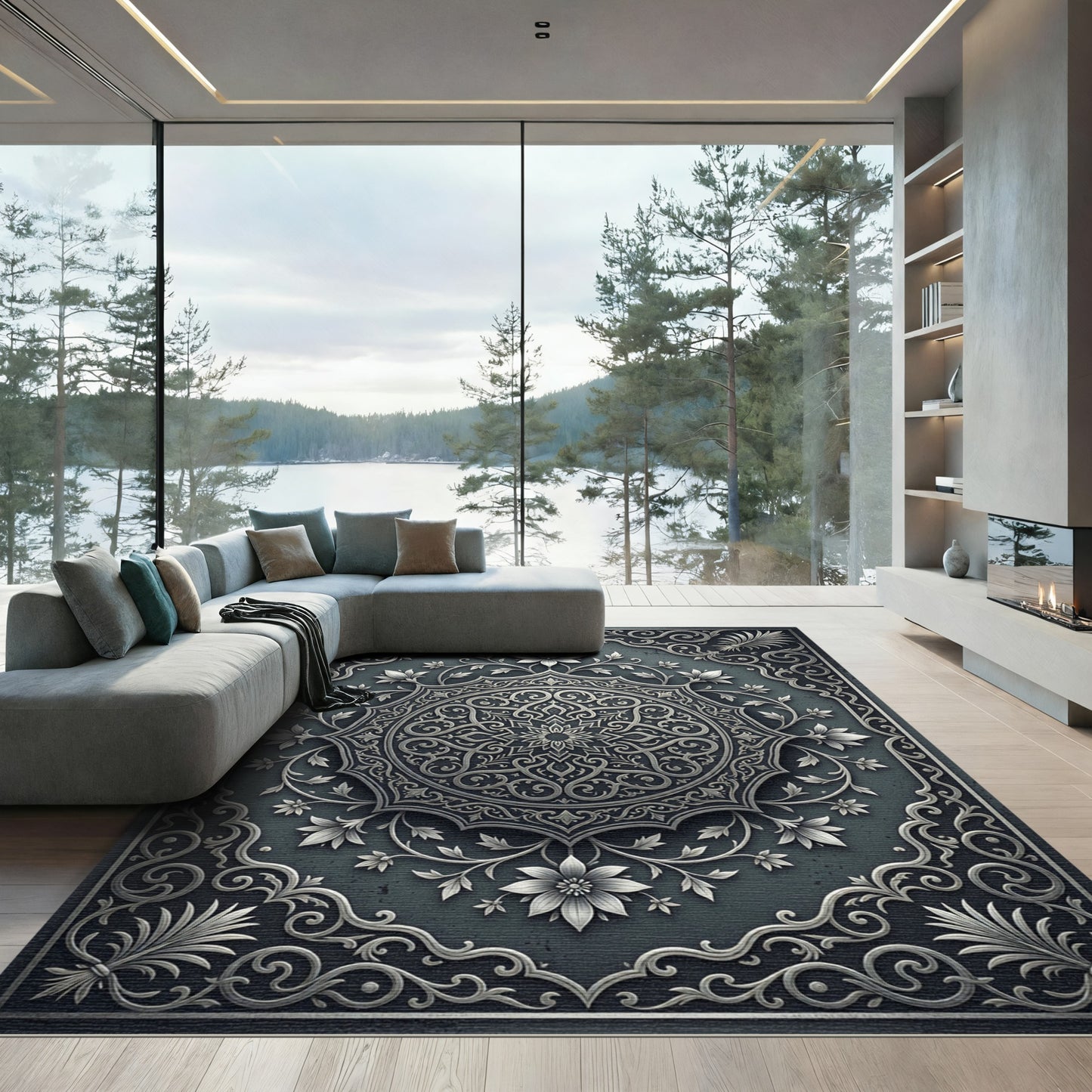 Ornate Silver Metallic Floral Medallion Rug