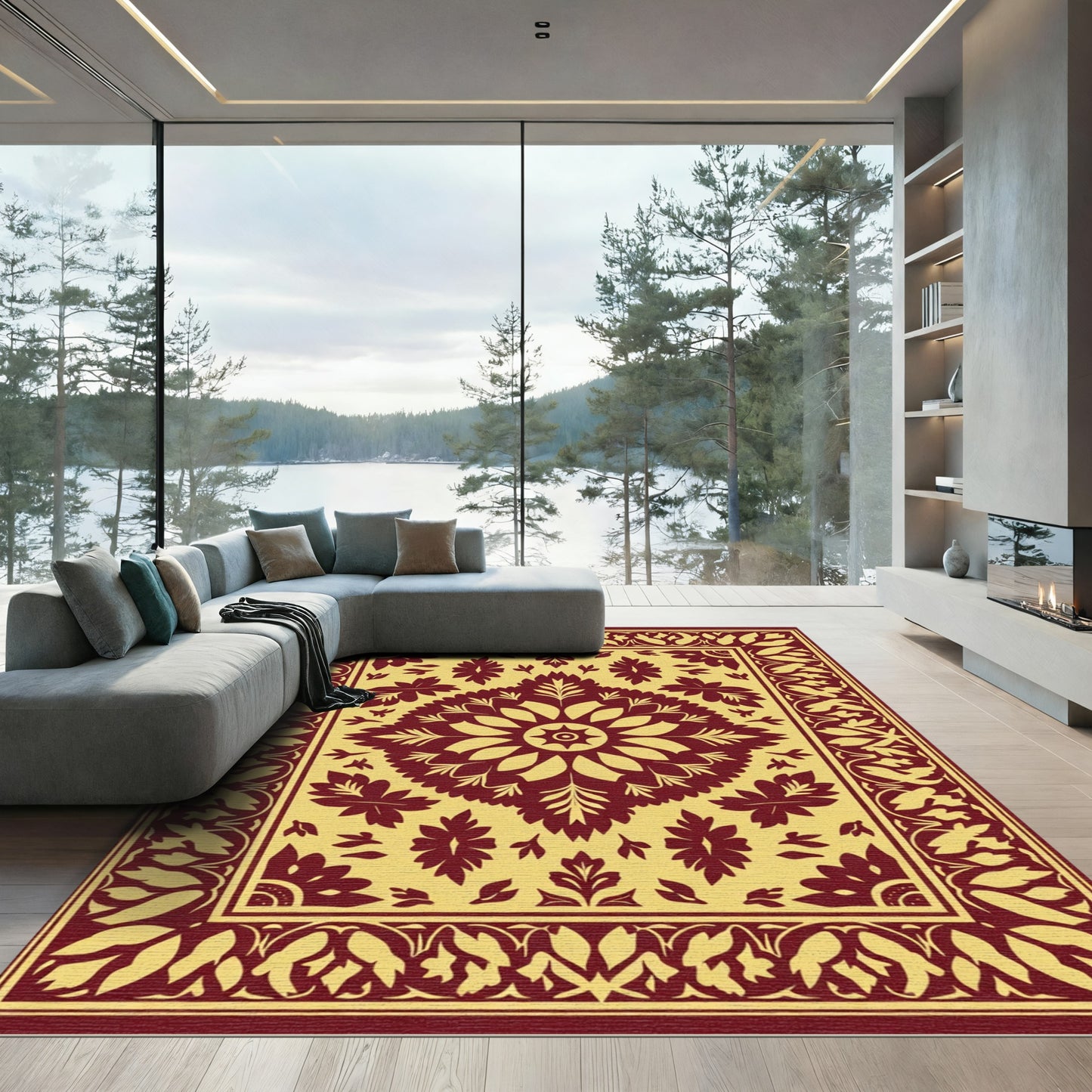 Crimson Yellow Floral Medallion Border Rug
