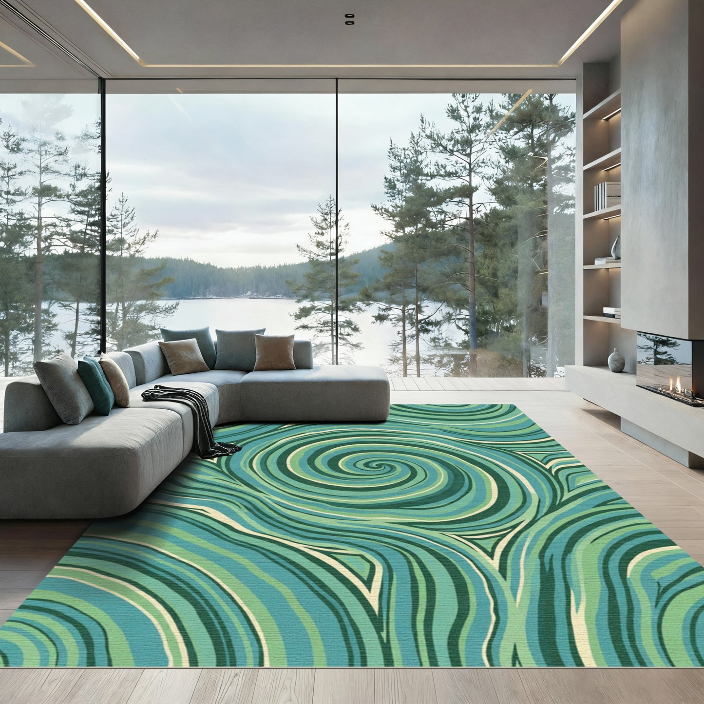 Teal Green Swirl Abstract Waves Rug