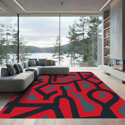 Bold Red Abstract Maze Rug