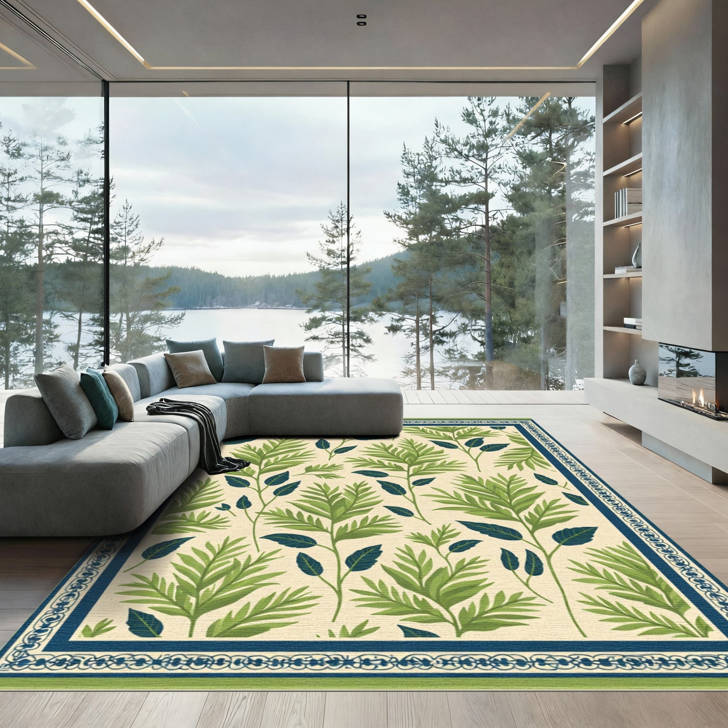 Green Leafy Branch Border Rug