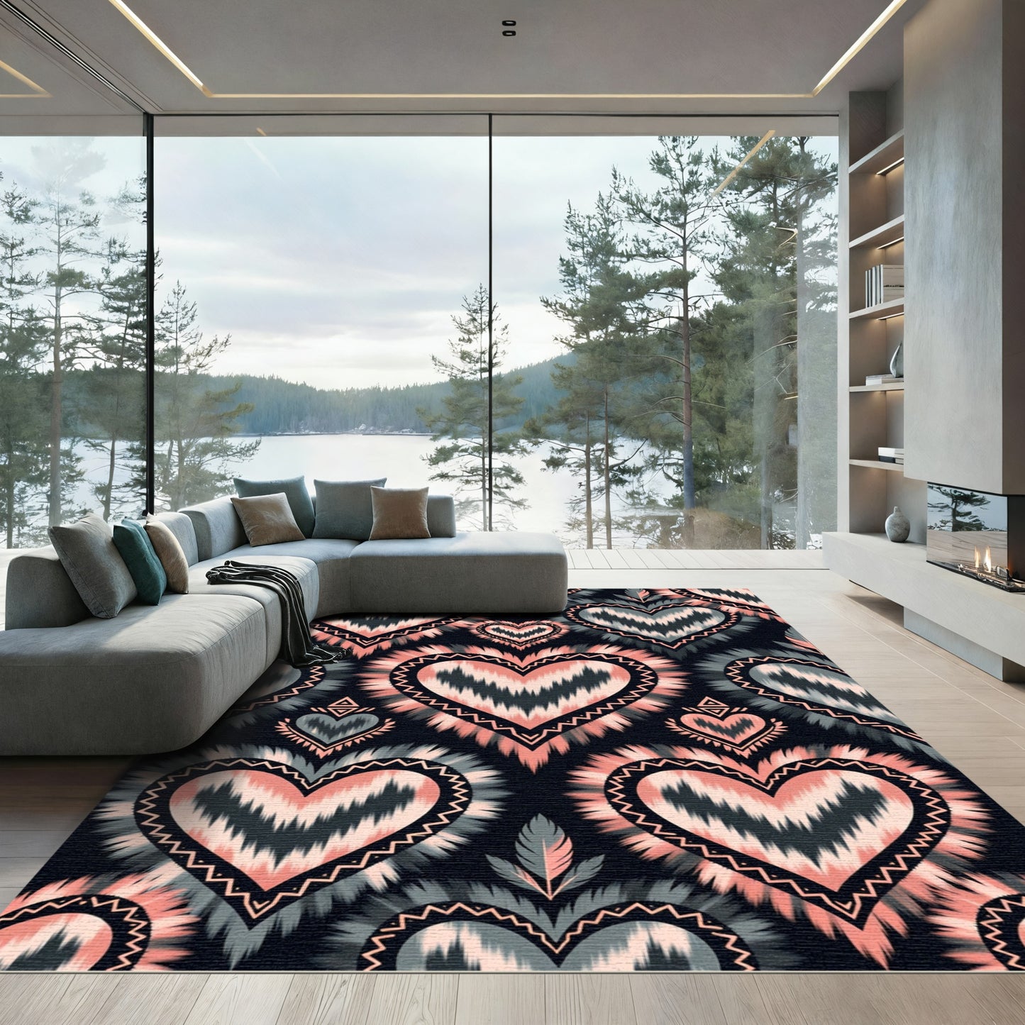 Ikat Heart Fusion Black Peach Rug