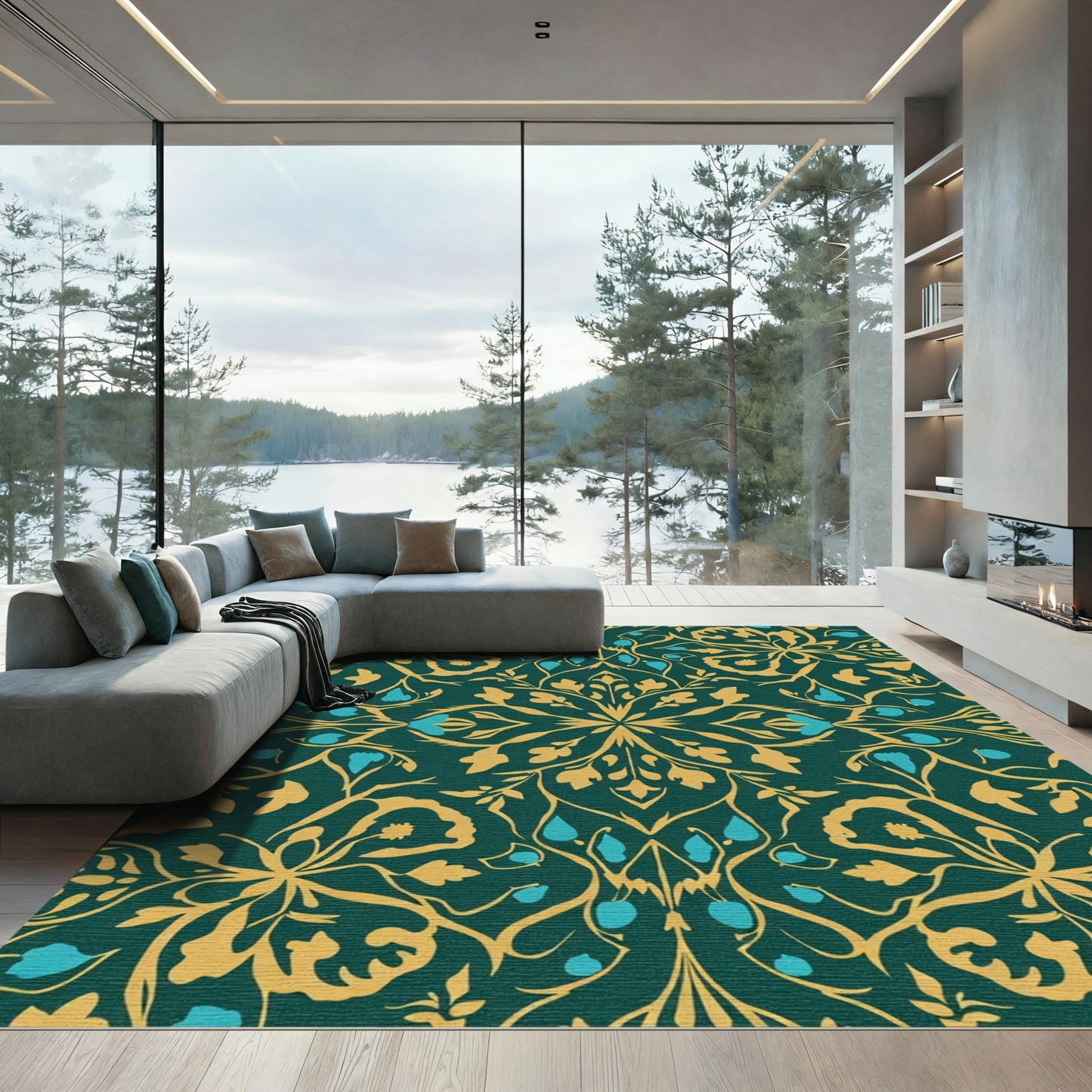 Deep Teal Gold Floral Arabesque Rug