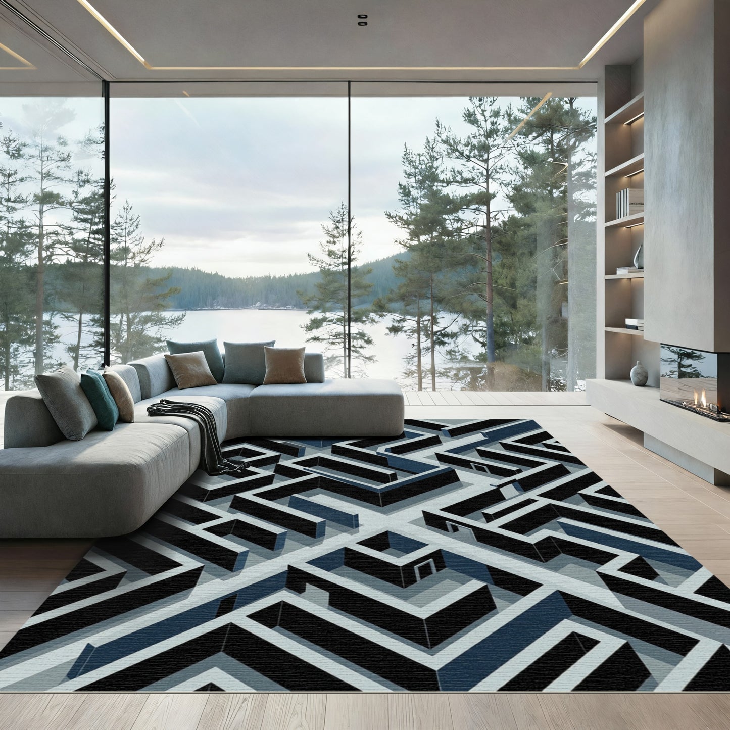 Modern Isometric Blue Maze Abstract Rug