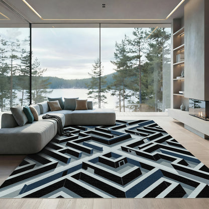 Modern Isometric Blue Maze Abstract Rug