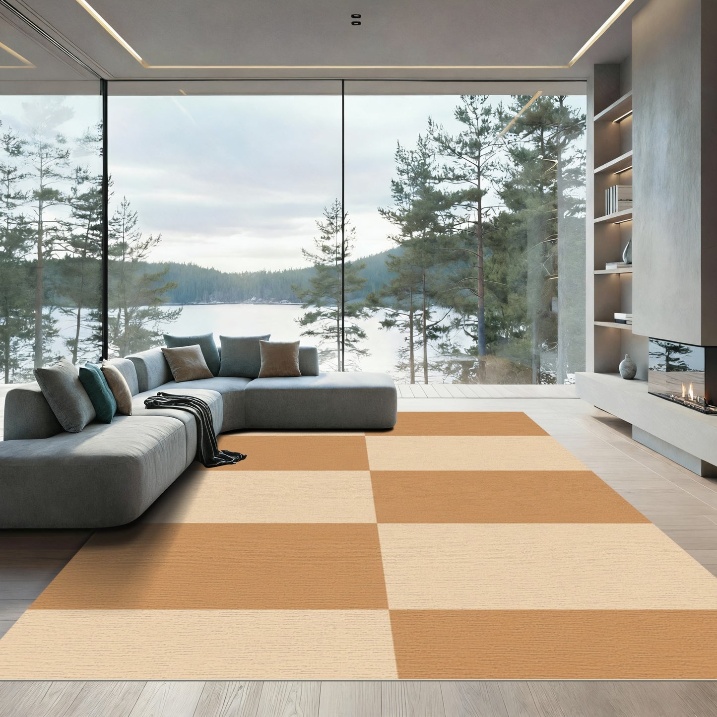 Warm Tan Cream Checkerboard Blocks Rug