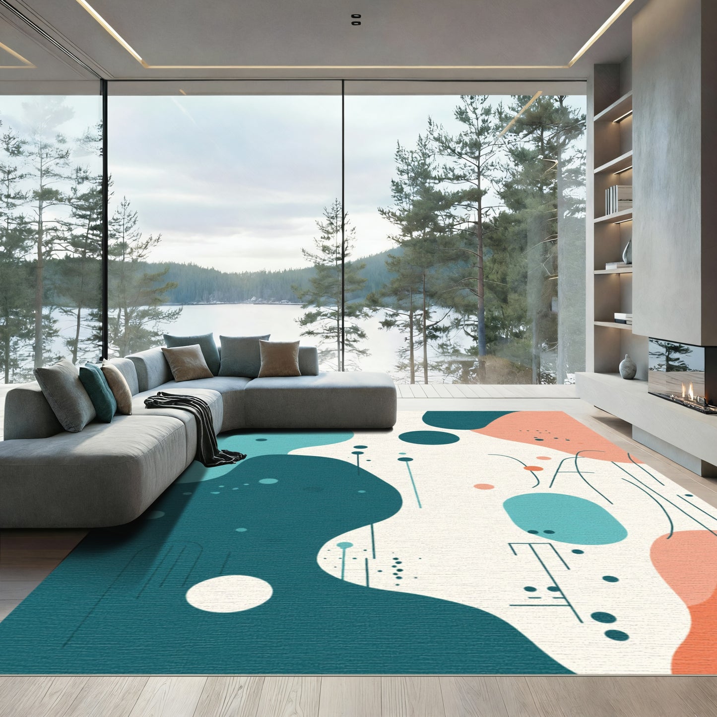 Teal Coral Abstract Organic Fluid Rug
