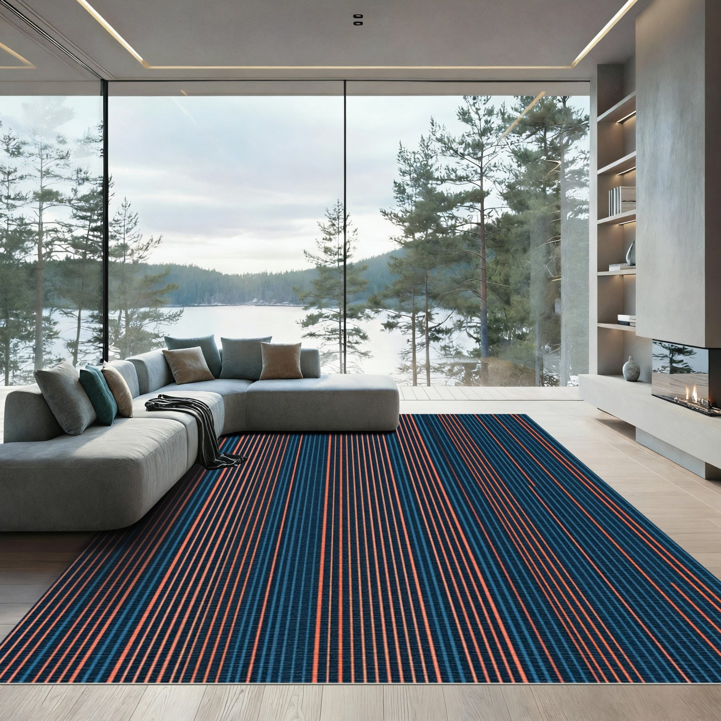 Deep Blue Coral Stripe Rug