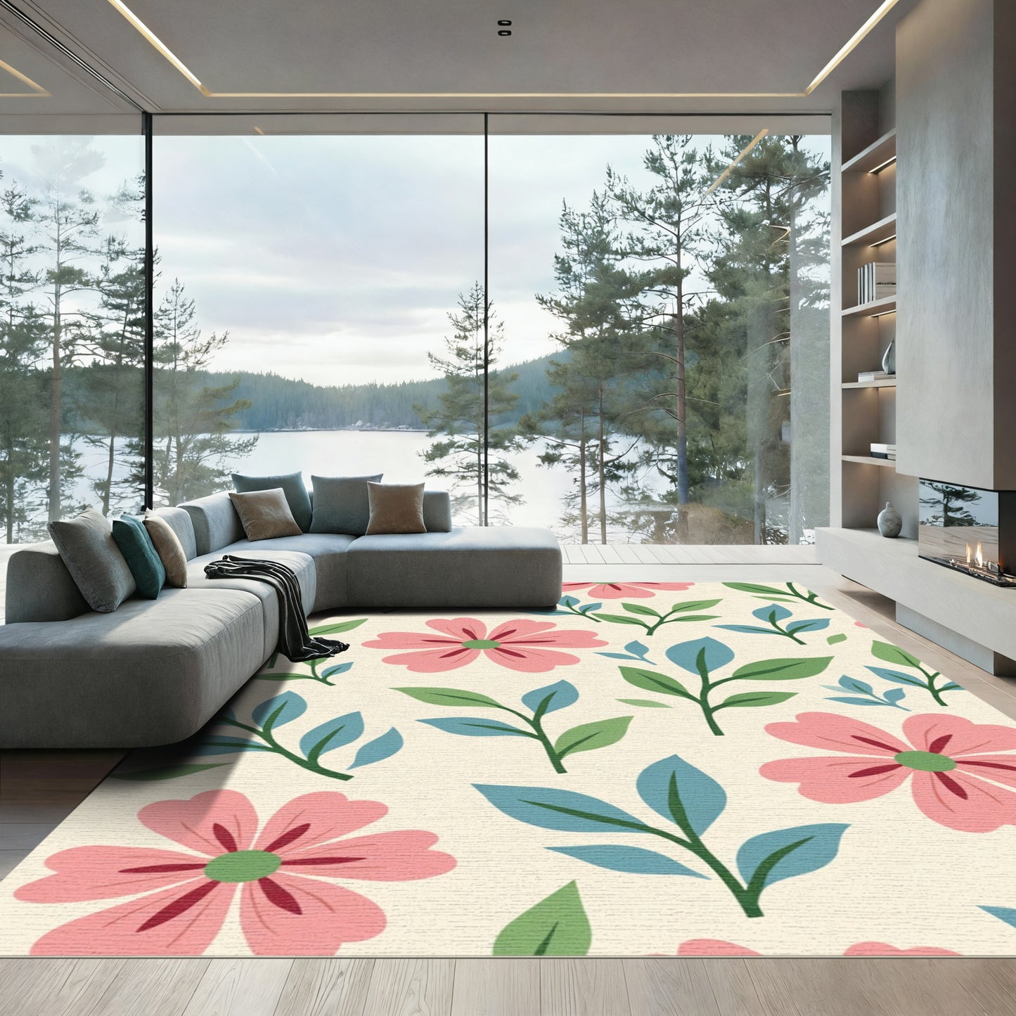 Pink Floral Green Leaf Cream Background Rug