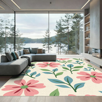Pink Floral Green Leaf Cream Background Rug