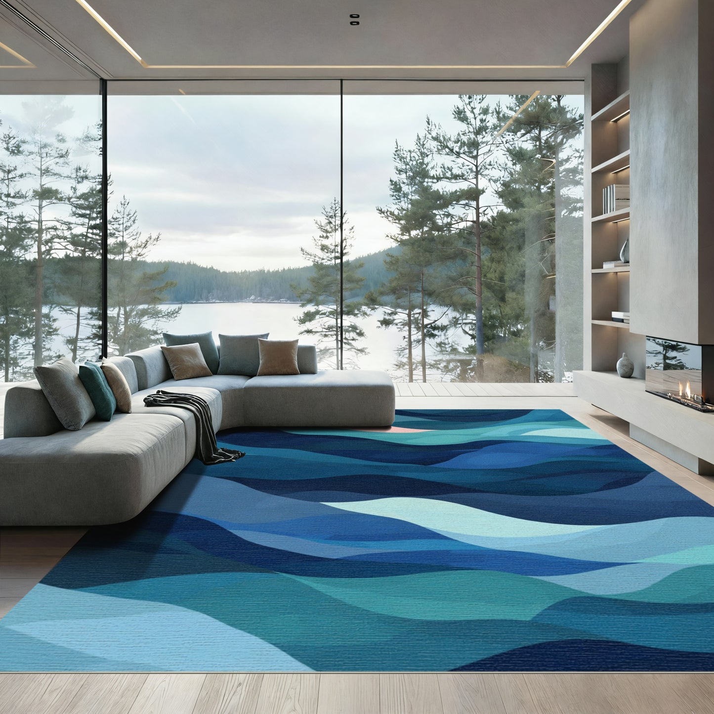 Oceanic Waves Blend Blue Teal Rug