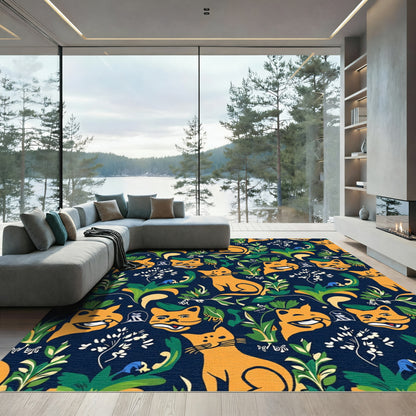 Playful Orange Cats Lush Foliage Rug