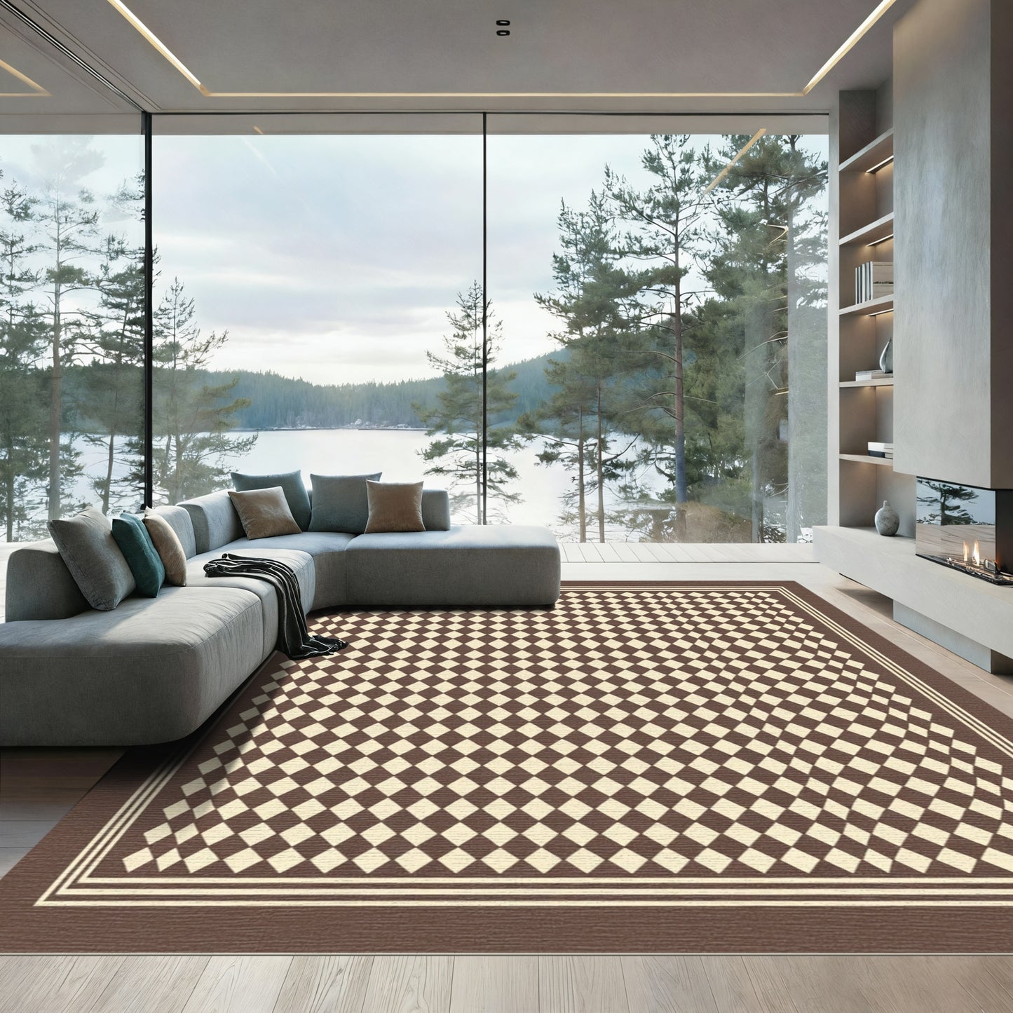 Brown Beige Checkered Diamond Border Rug