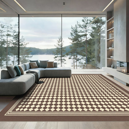 Brown Beige Checkered Diamond Border Rug
