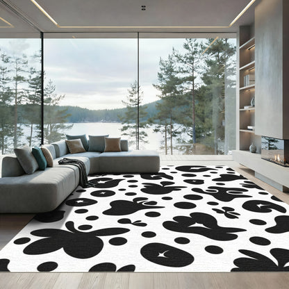 Black White Abstract Forms Dots Rug
