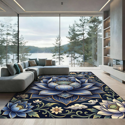 Elegant Blue Lotus Mandala Floral Rug