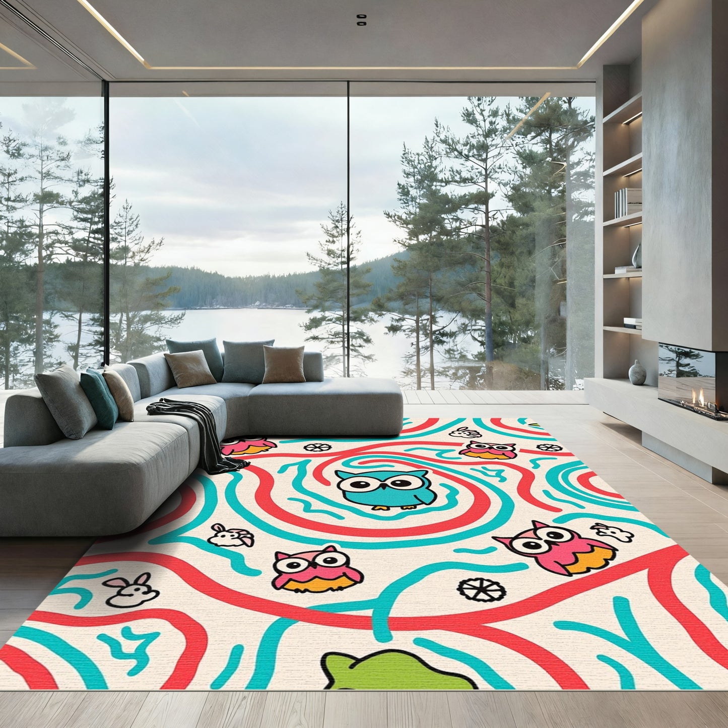 Whimsical Owl and Bunny Swirls Rug