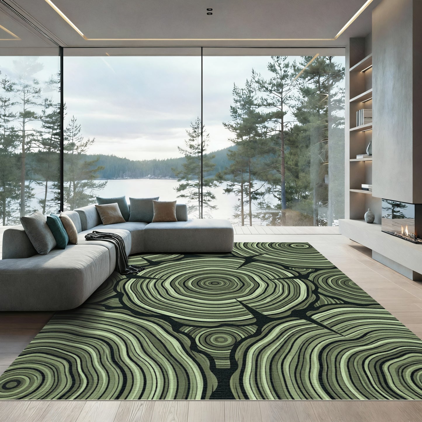 Olive Green Wood Grain Rings Rug
