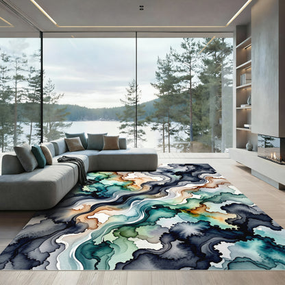 Abstract Teal And Amber Swirl Rug