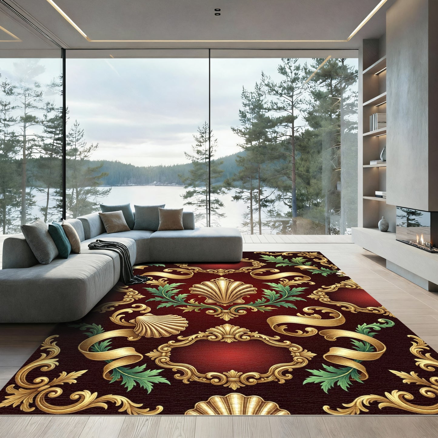 Crimson Gold Baroque Shell Frame Rug