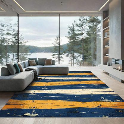 Navy and Amber Abstract Nautical Horizon Rug