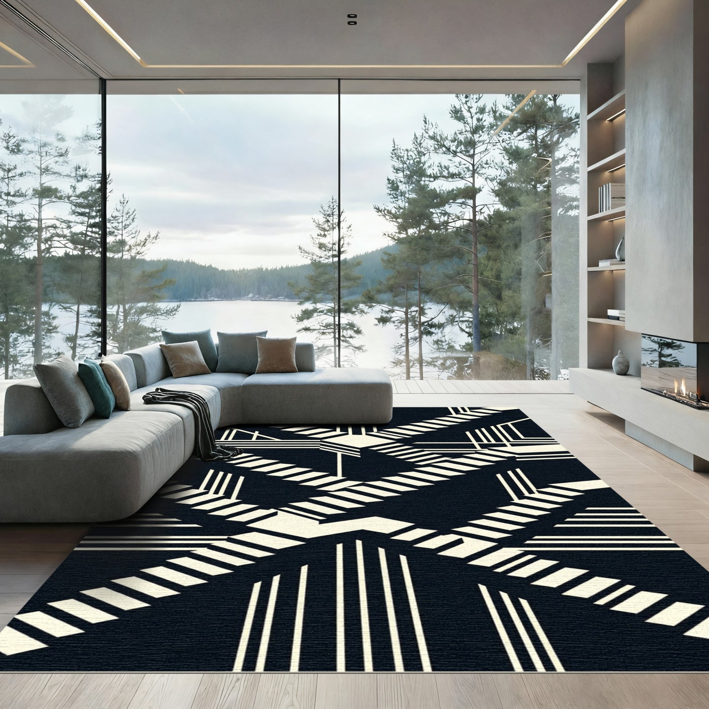 Monochrome Geometric Staircase Illusion Rug