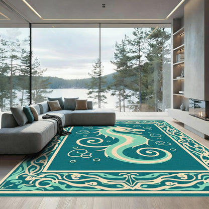 Teal Sea Horse Scroll FrameRug Rug