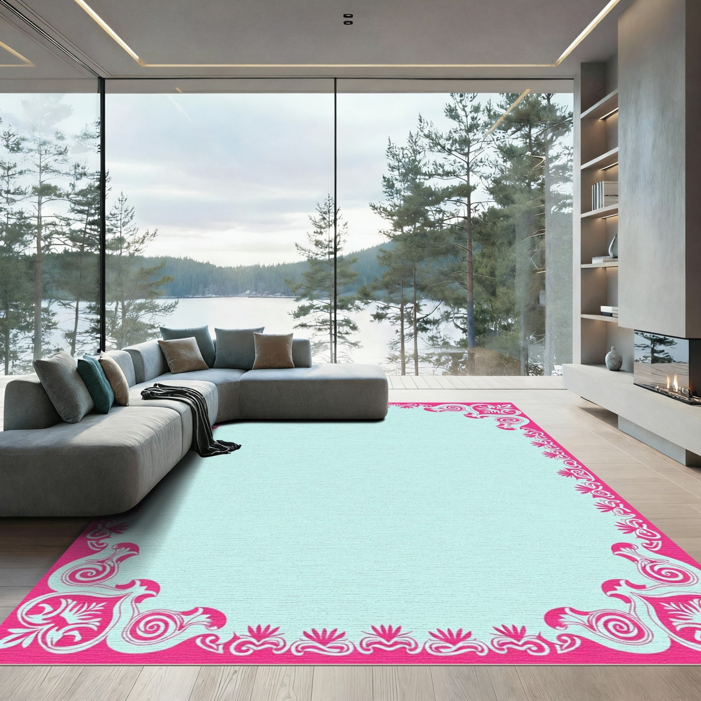 Ornate Pink Teal Scroll Border Rug