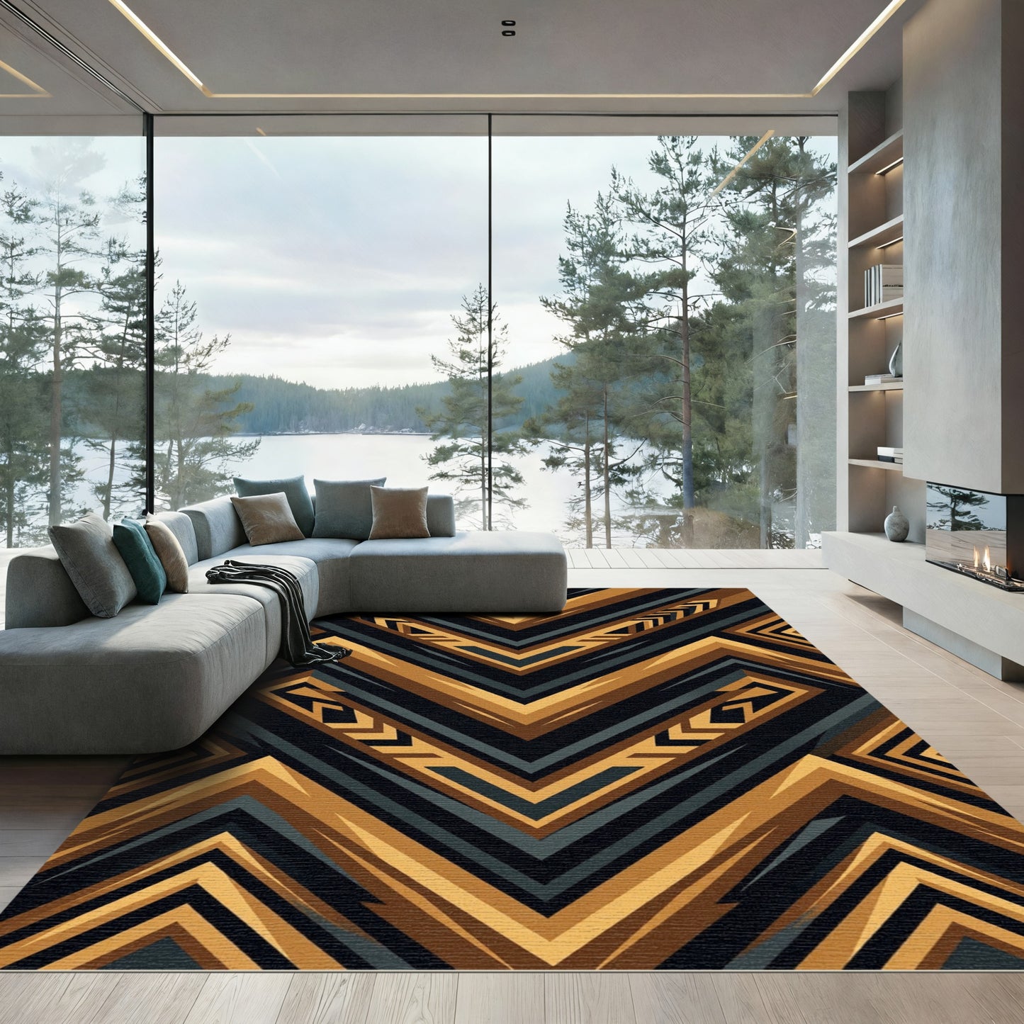 Gold and Charcoal Geometric Chevron Rug
