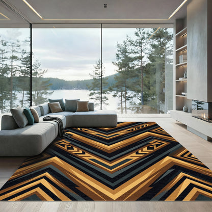Gold and Charcoal Geometric Chevron Rug