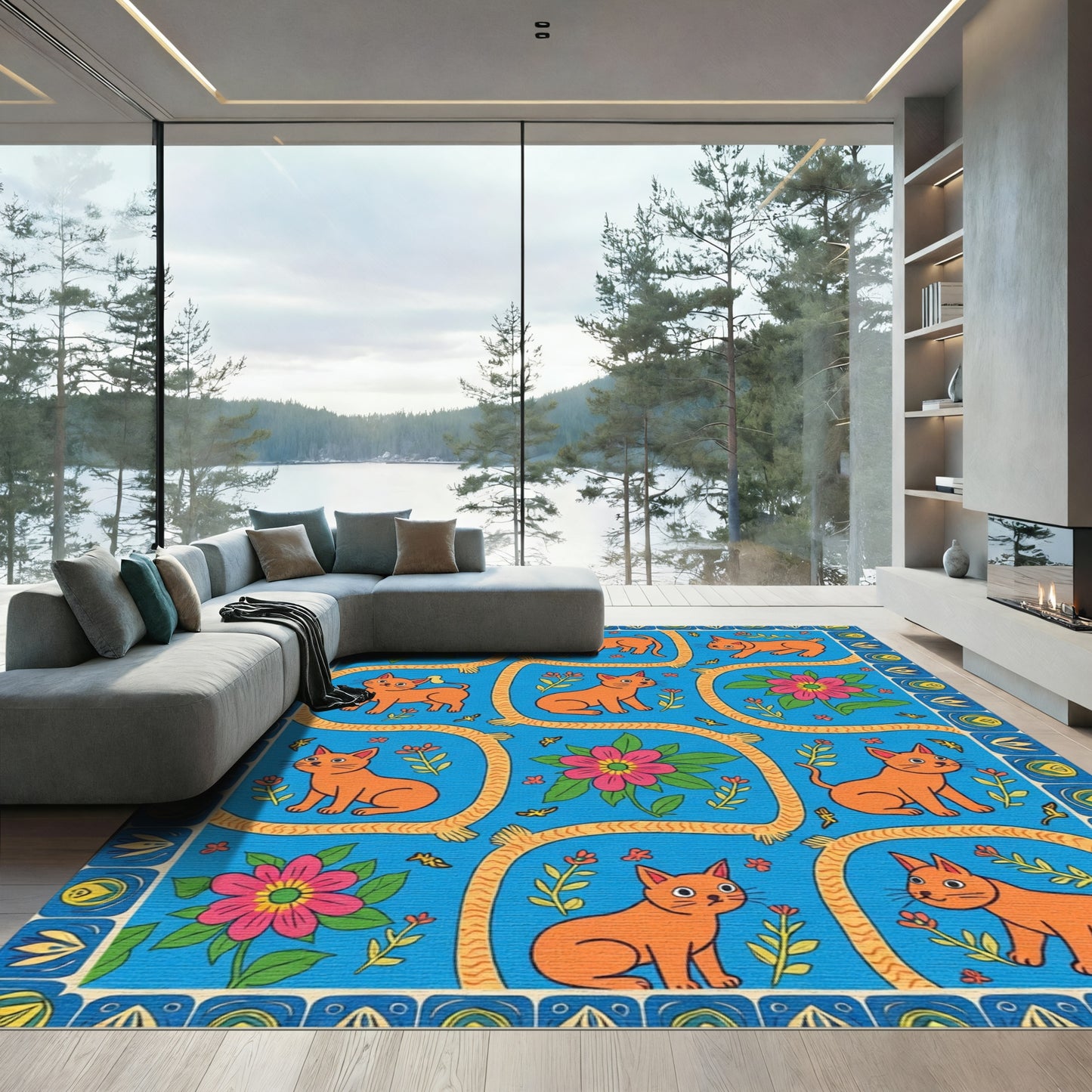 Playful Orange Cats Pink Flowers Border Rug