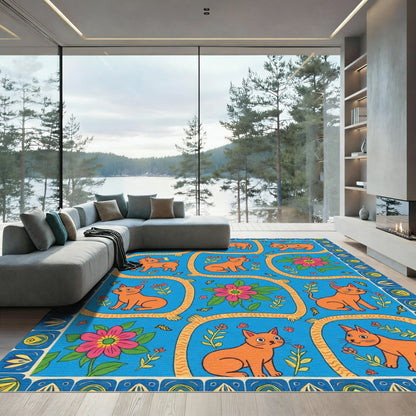 Playful Orange Cats Pink Flowers Border Rug